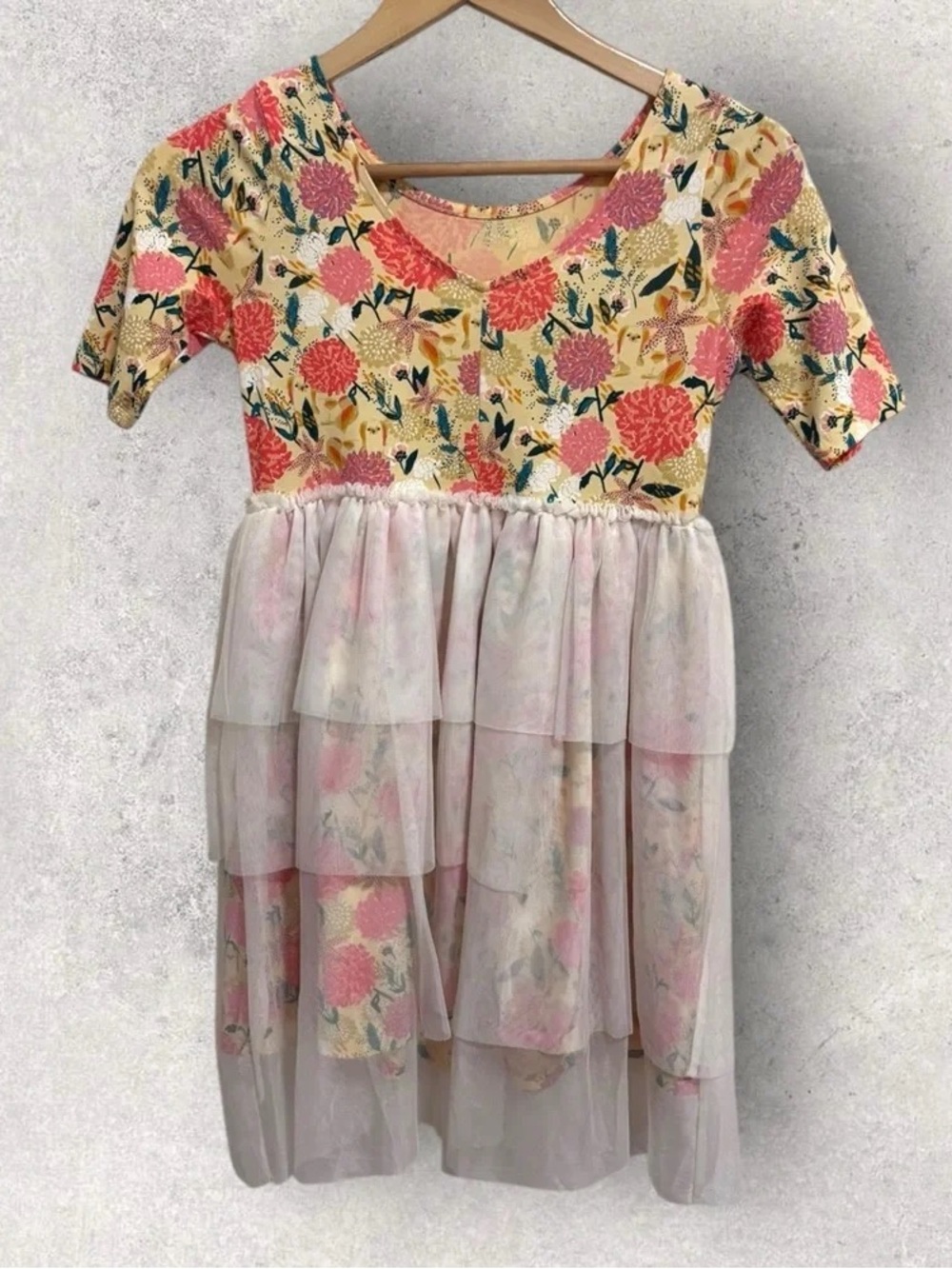 Girls Floral Pink Tiered Tulle Dress